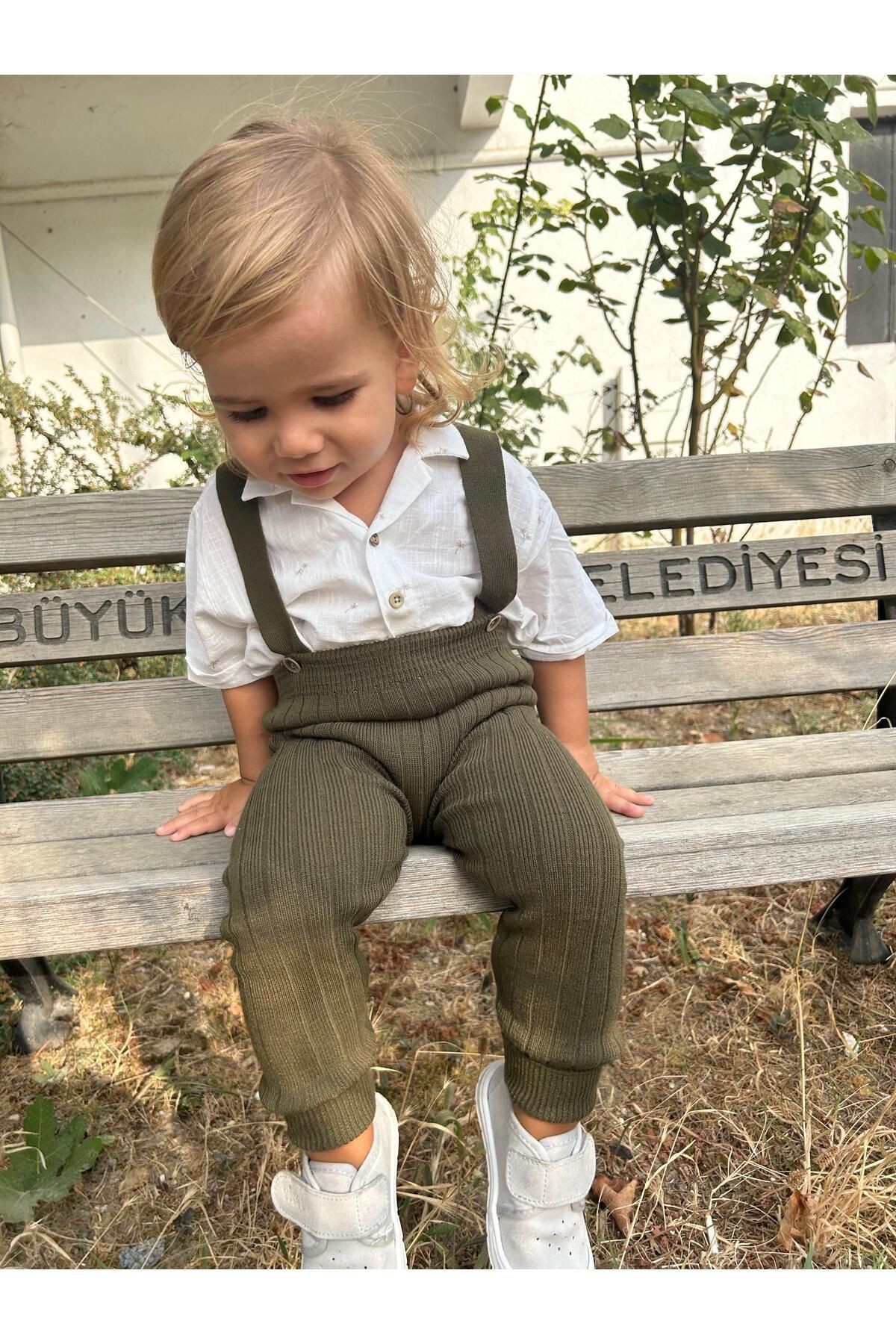 Triko Bebek Salopet - Esnek Unisex Önden Askılı - haki