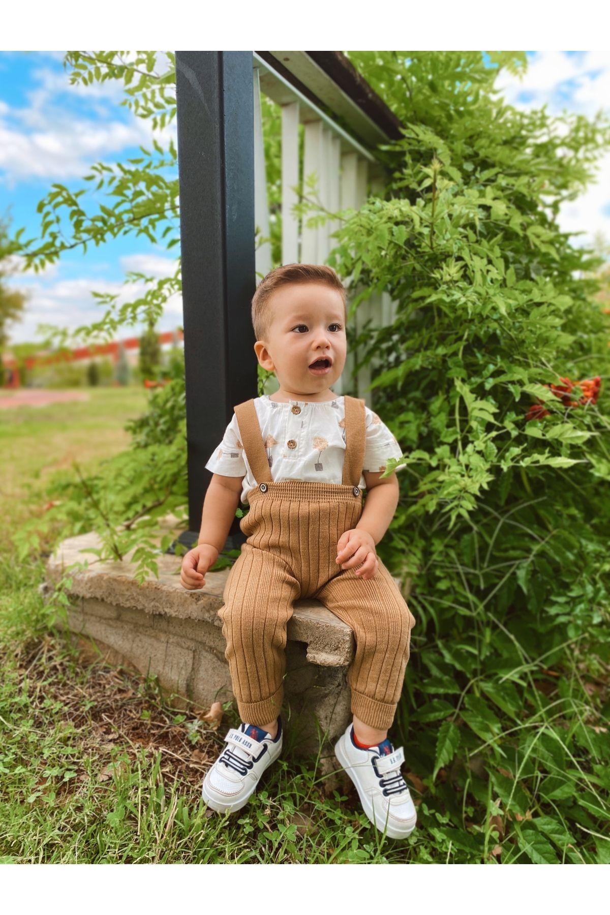 Triko Bebek Salopet - Esnek Unisex Önden Askılı - kahverengi