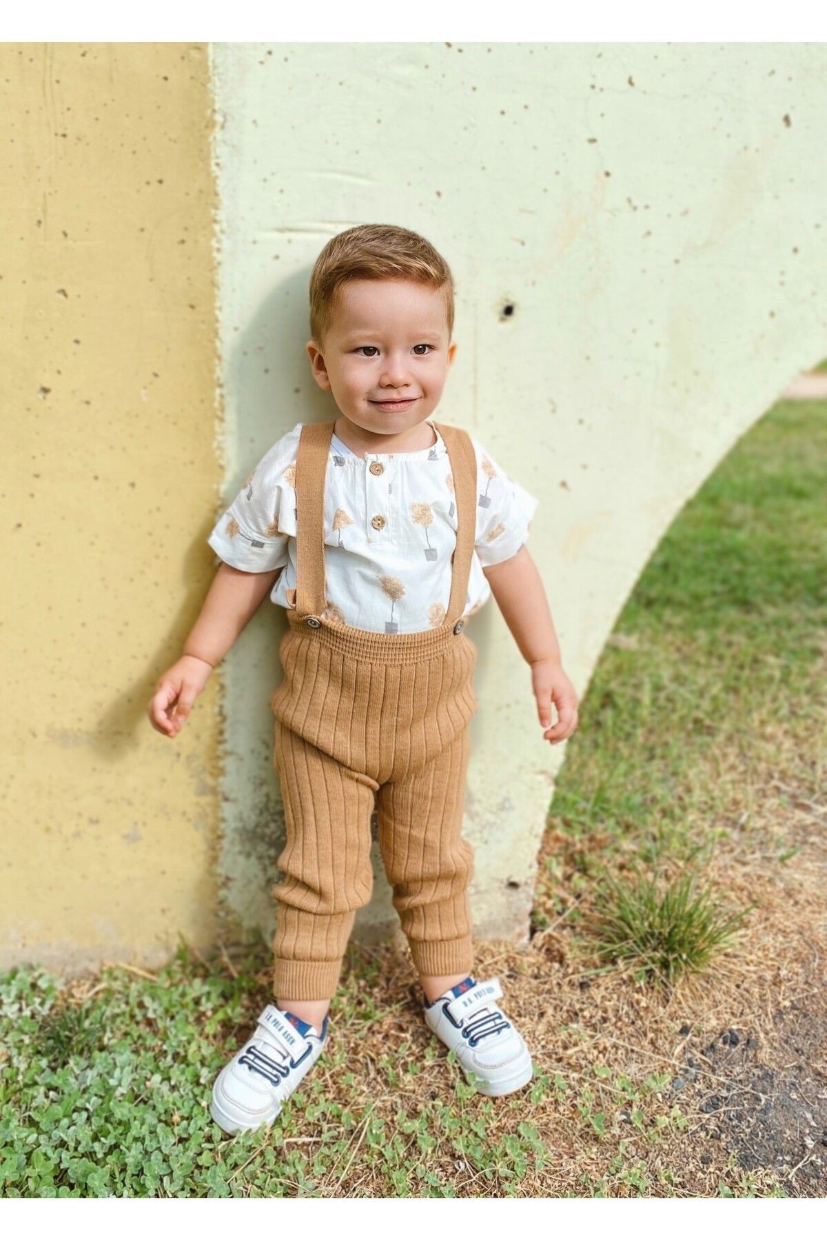 Triko Bebek Salopet - Esnek Unisex Önden Askılı - kahverengi