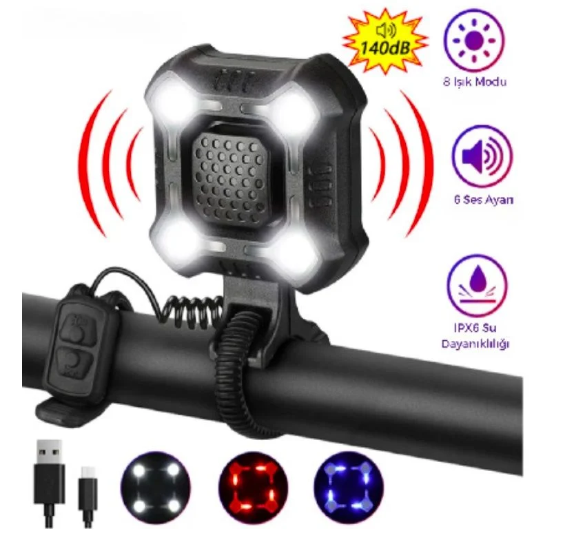 Usb Şarjlı Bisiklet Işıklı Korna 350 Lümen 140db LED 