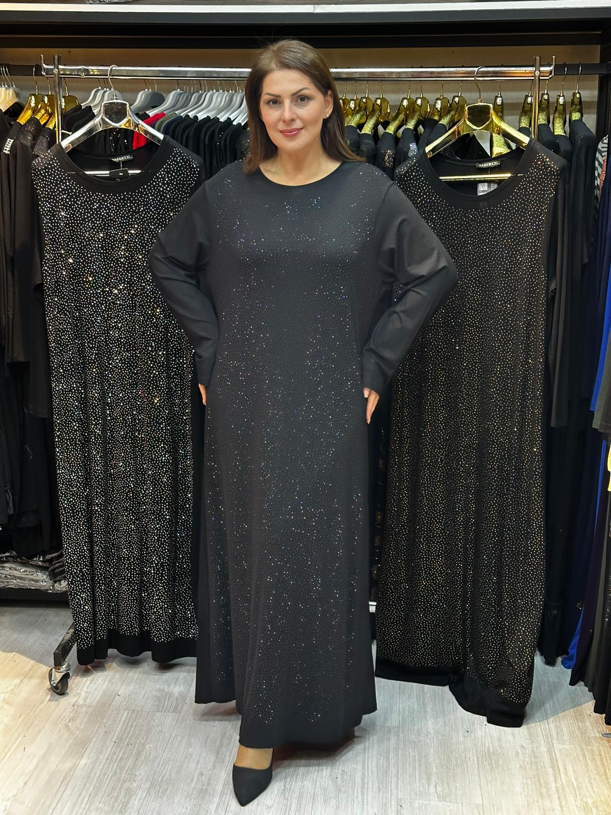 Büyük Beden Siyah Taş İşlemeli Abiye Elbise