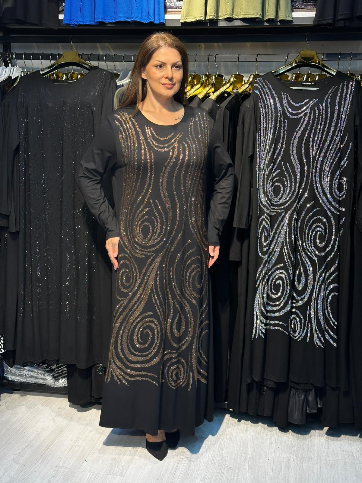 Büyük Beden Gold Taş İşlemeli Abiye Elbise