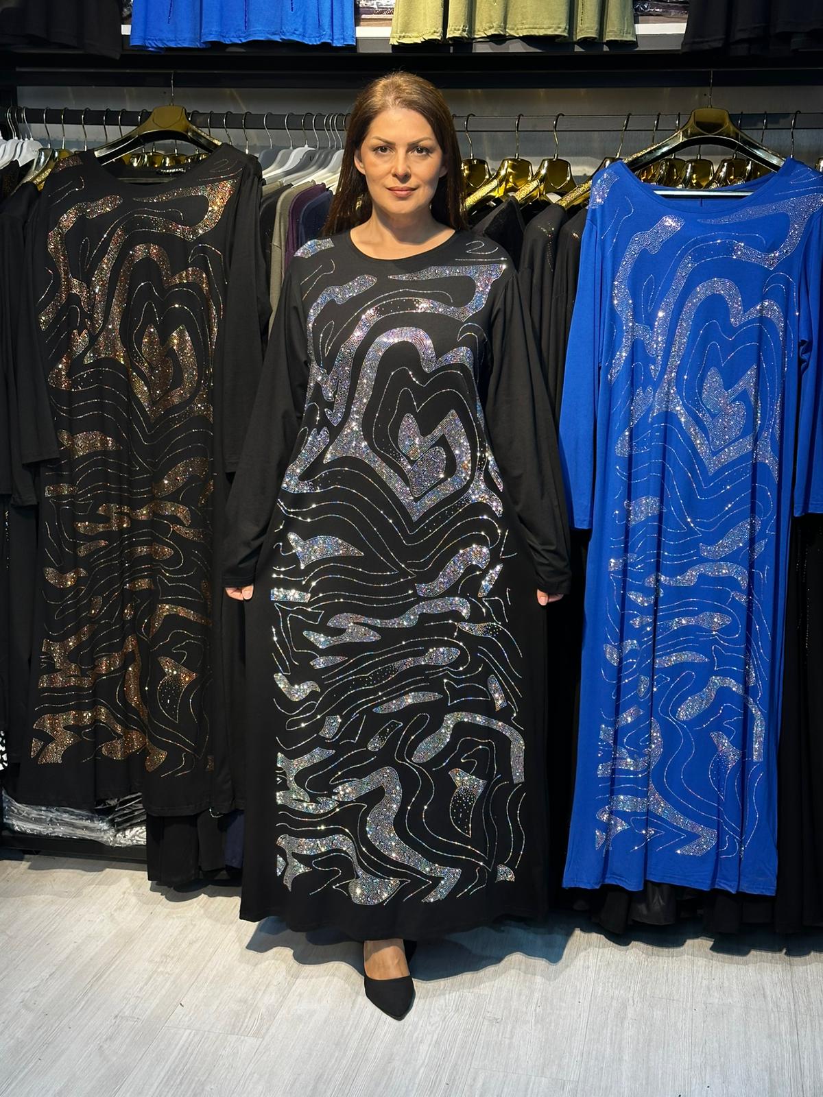 Büyük Beden Gümüş Taş İşlemeli Abiye Elbise