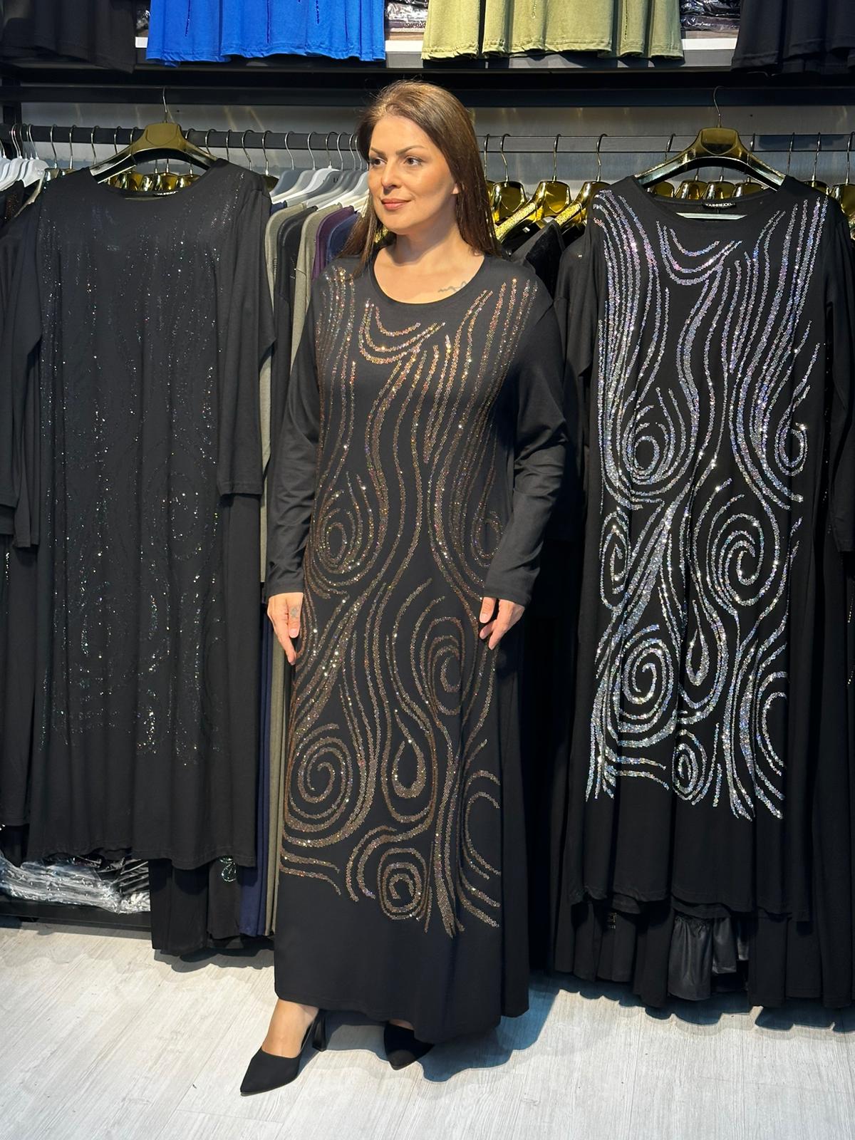 Büyük Beden Gold Taş İşlemeli Abiye Elbise