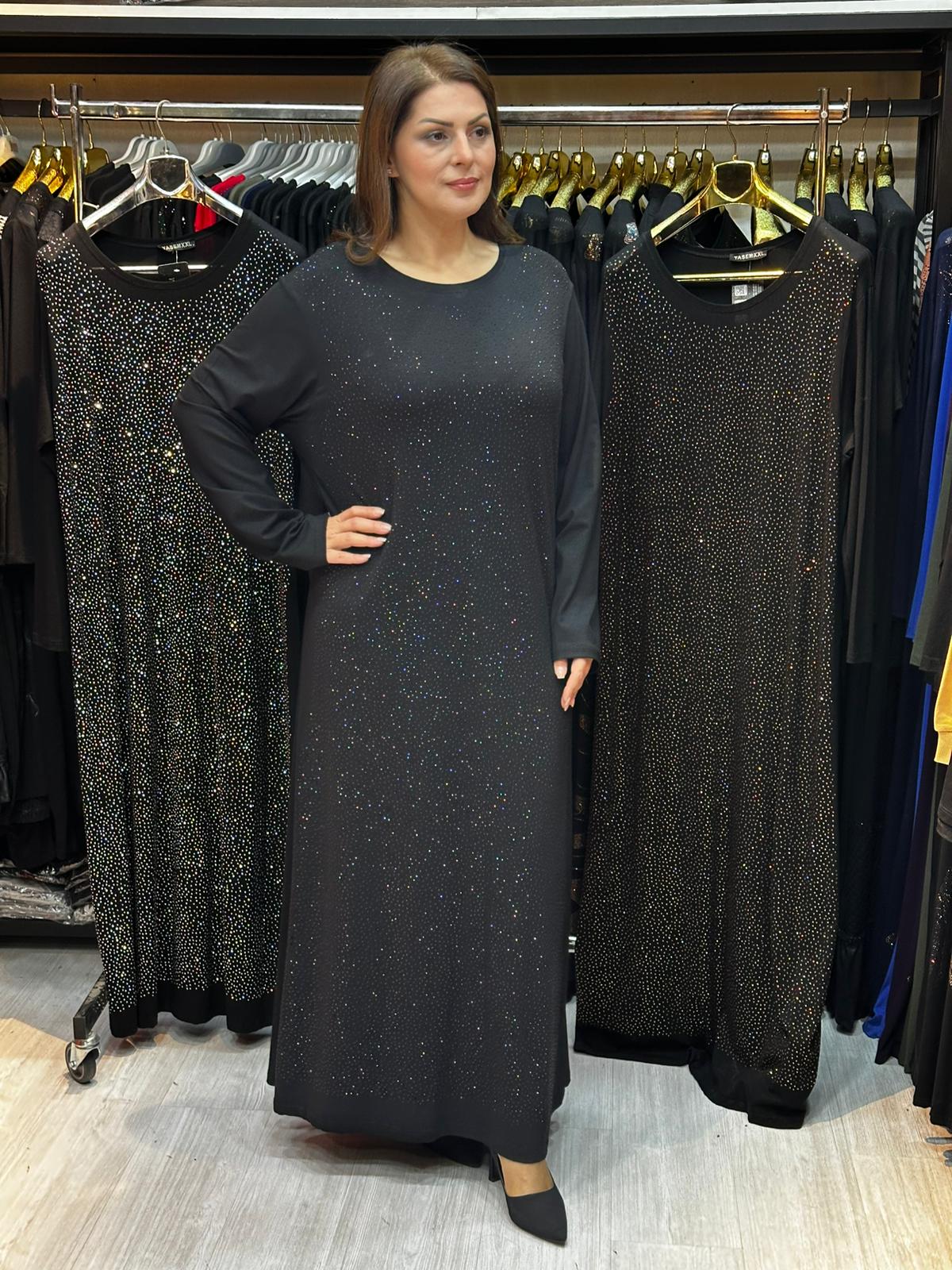 Büyük Beden Siyah Taş İşlemeli Abiye Elbise