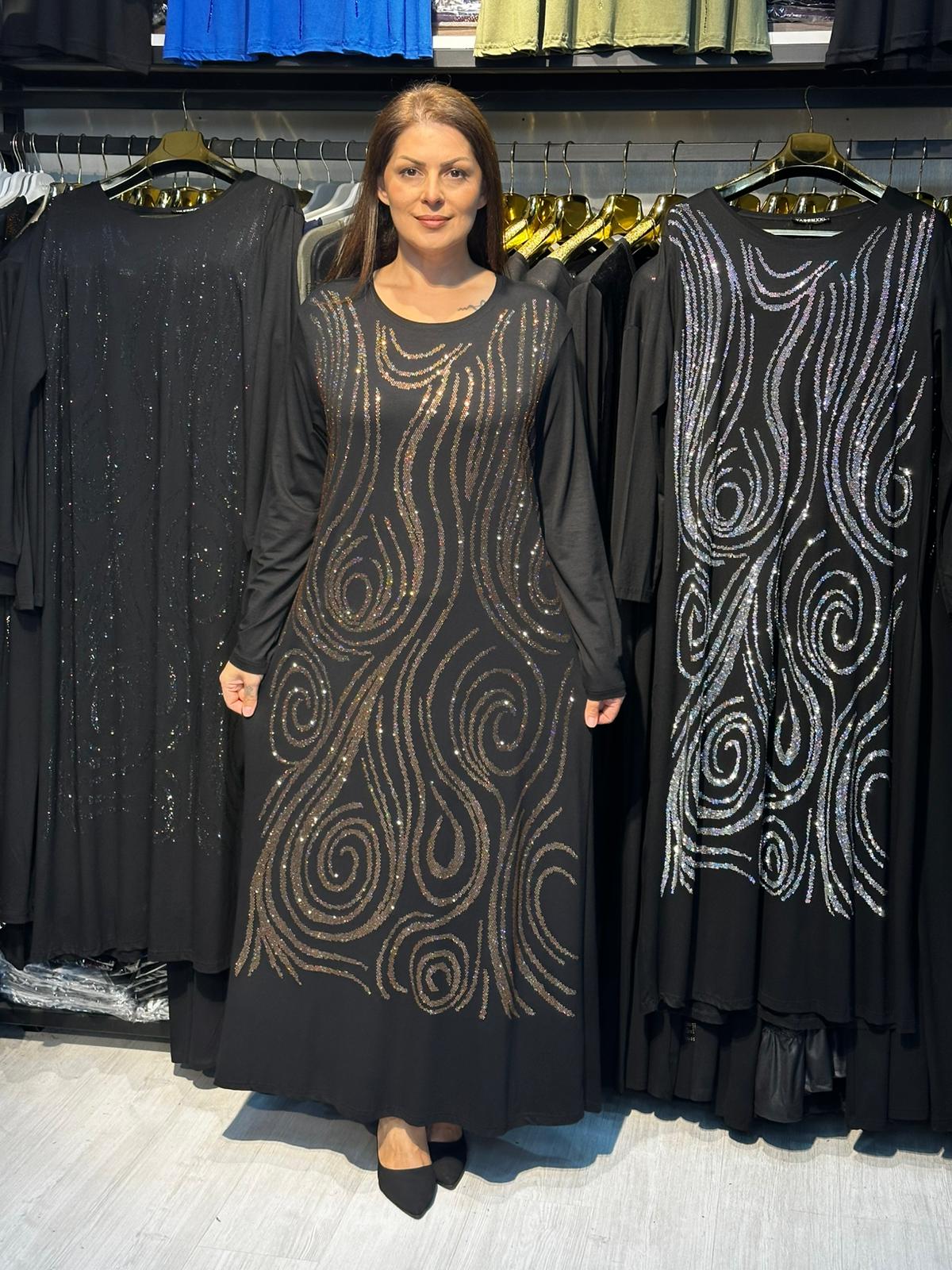 Büyük Beden Gold Taş İşlemeli Abiye Elbise