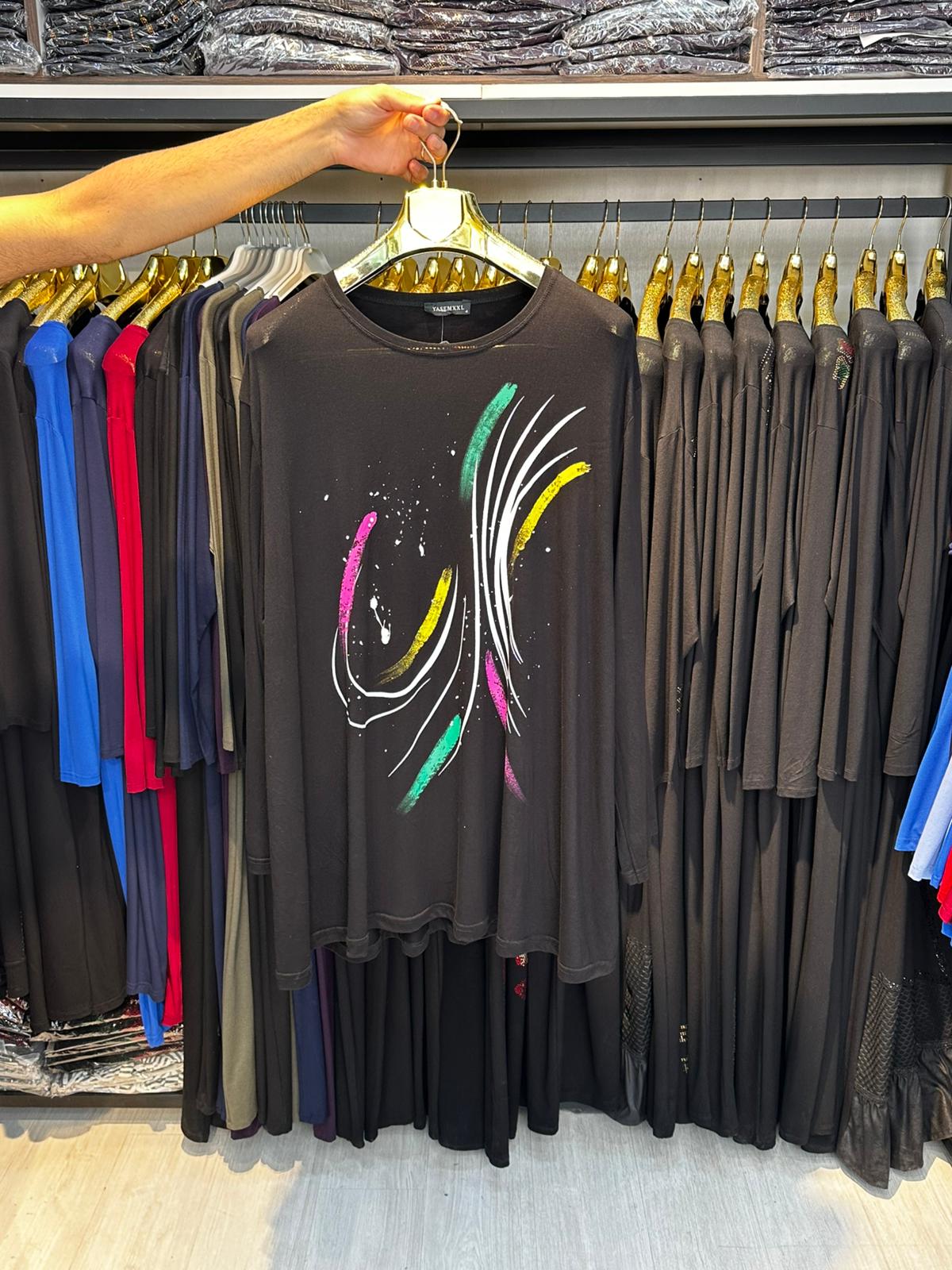 Kadın Büyük Beden Baskı Tasarım Tunik - Siyah