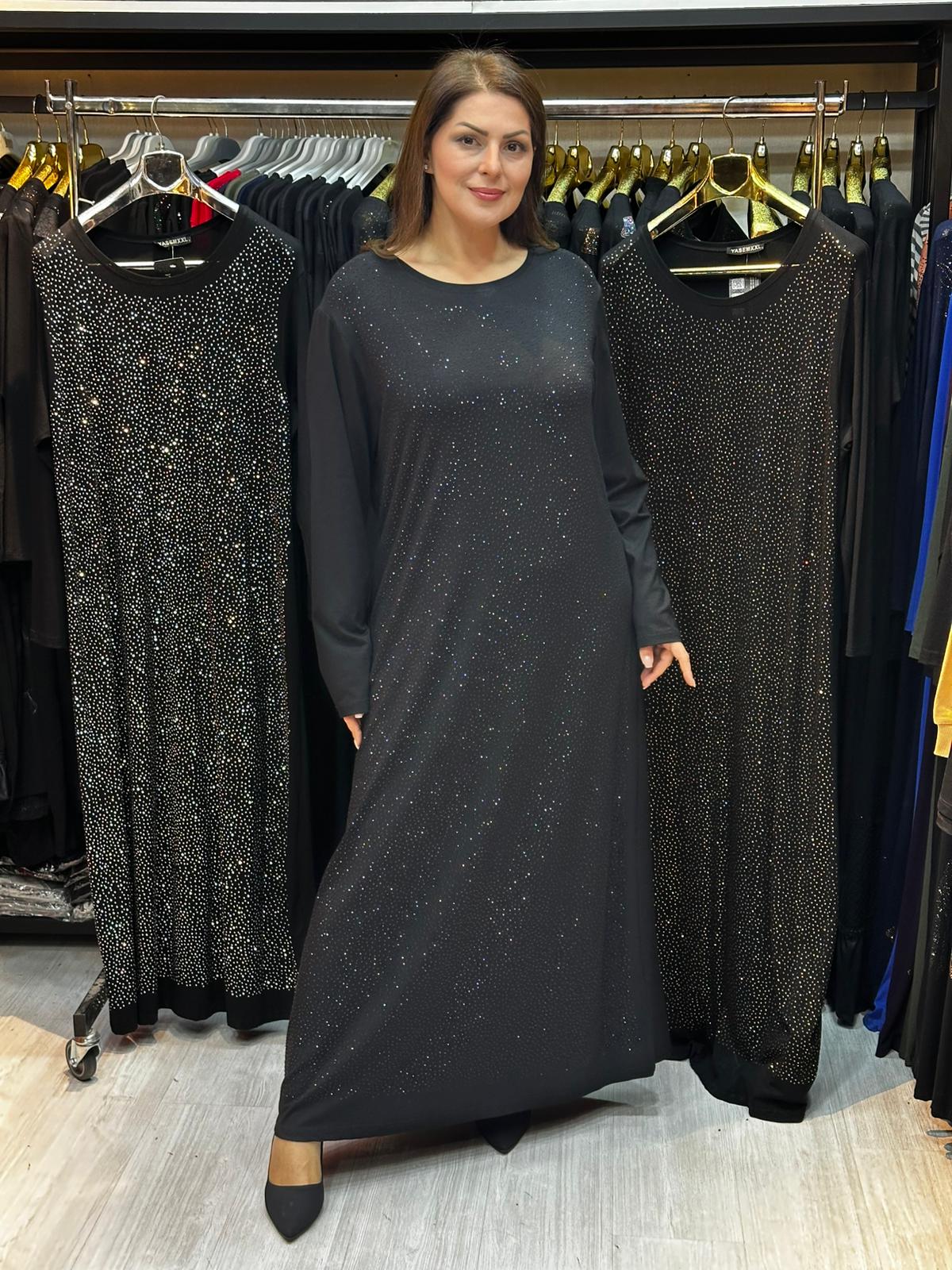 Büyük Beden Siyah Taş İşlemeli Abiye Elbise