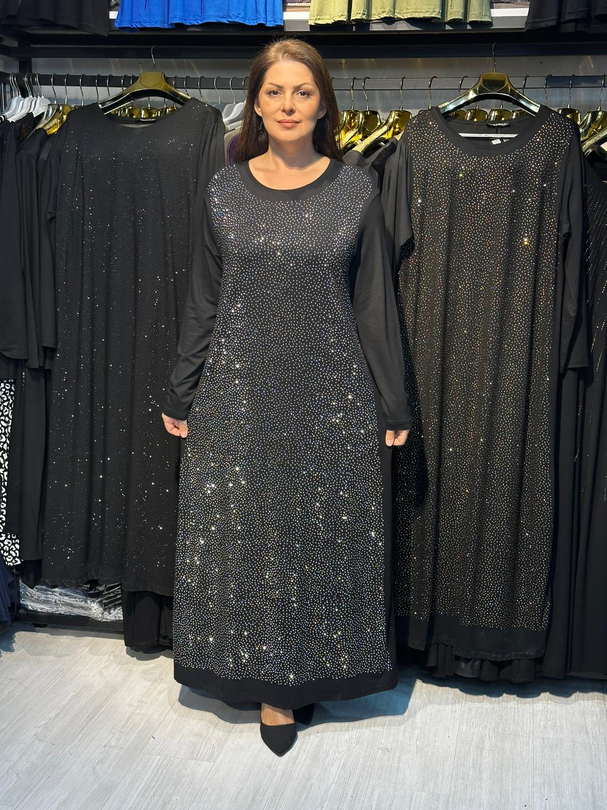 Büyük Beden Gümüş Taş İşlemeli Abiye Elbise