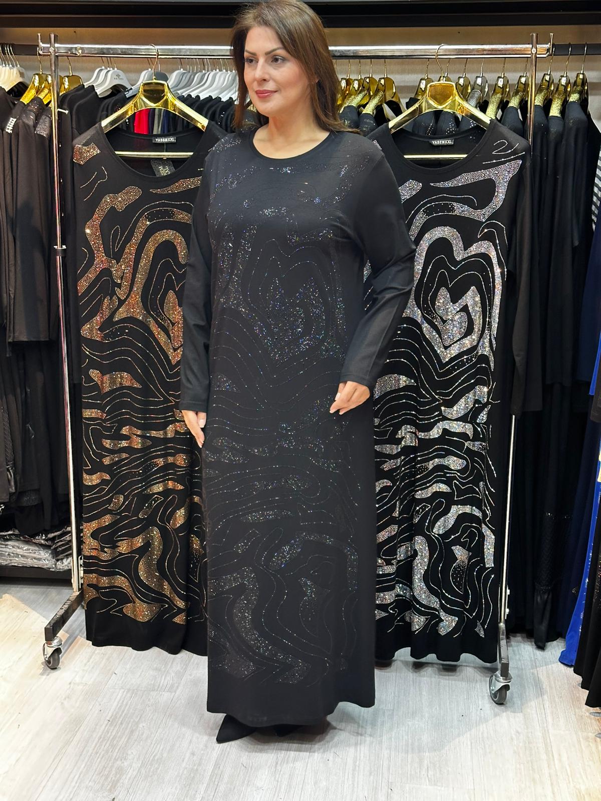 Büyük Beden Siyah Taş İşlemeli Abiye Elbise