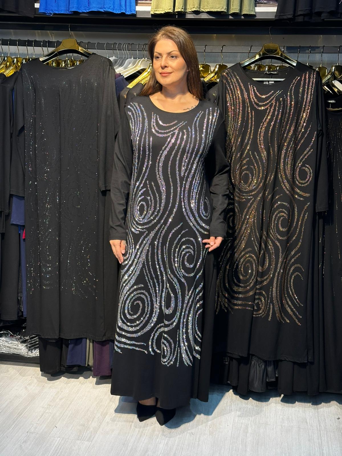 Büyük Beden Gümüş Taş İşlemeli Abiye Elbise