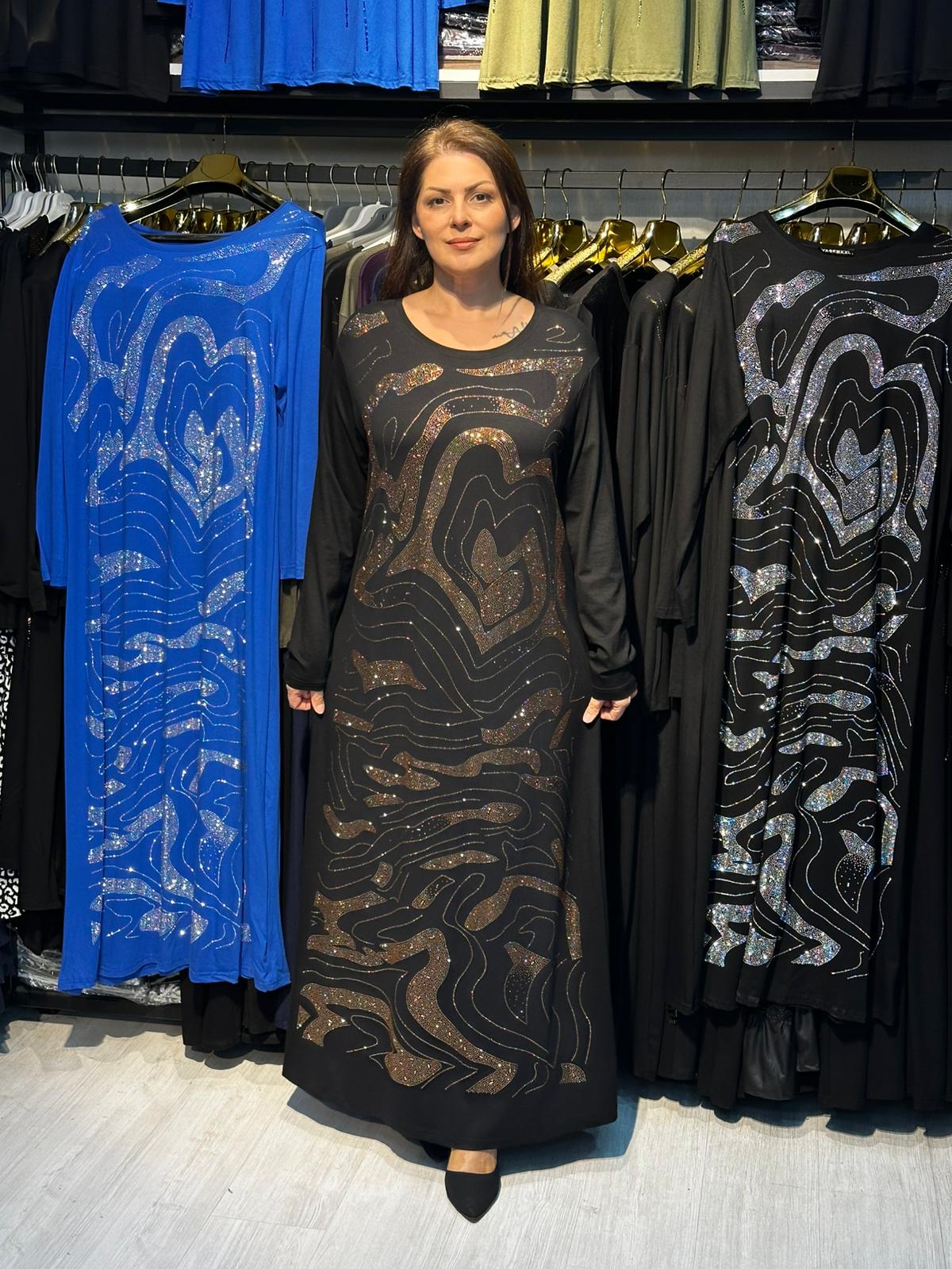 Büyük Beden Gold Taş İşlemeli Abiye Elbise