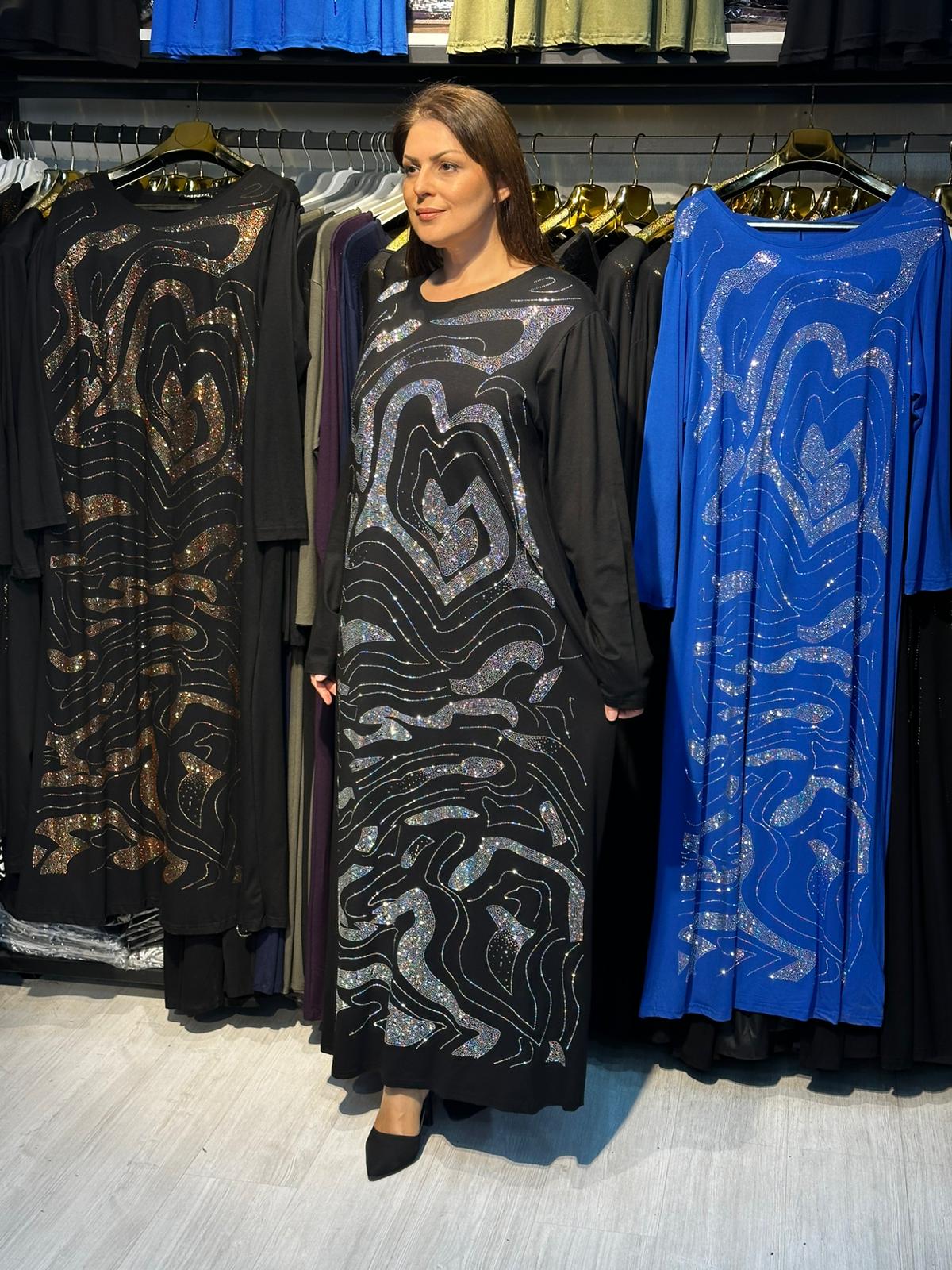 Büyük Beden Gümüş Taş İşlemeli Abiye Elbise