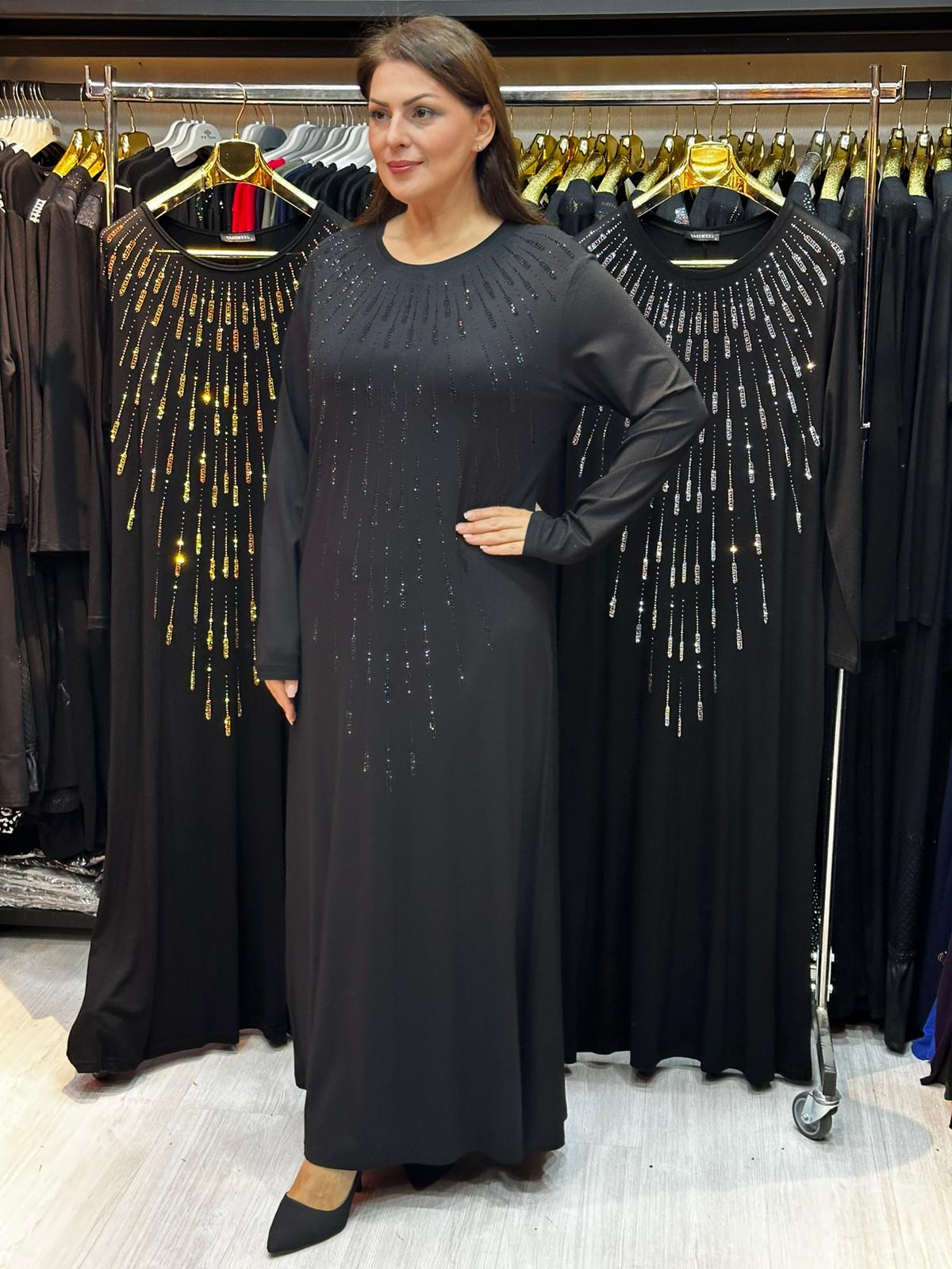 Büyük Beden Siyah Taş İşlemeli Abiye Elbise