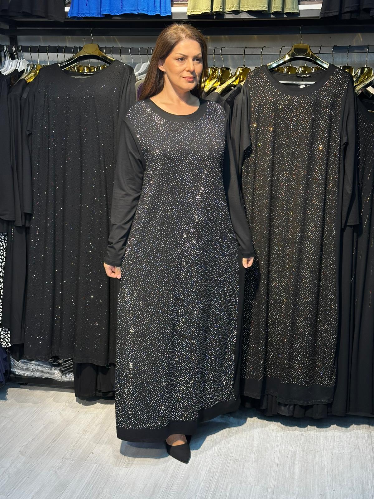 Büyük Beden Gümüş Taş İşlemeli Abiye Elbise