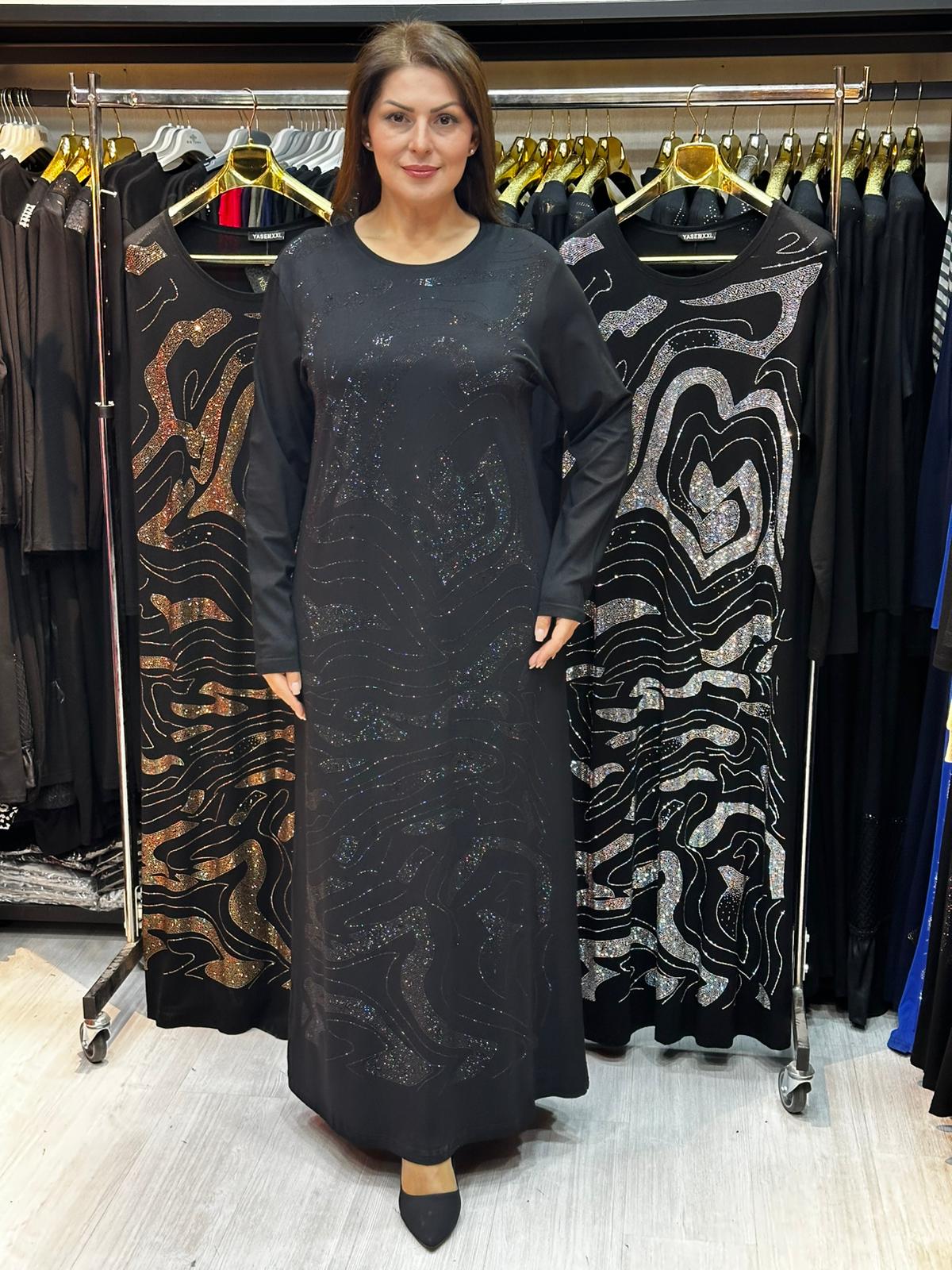 Büyük Beden Siyah Taş İşlemeli Abiye Elbise