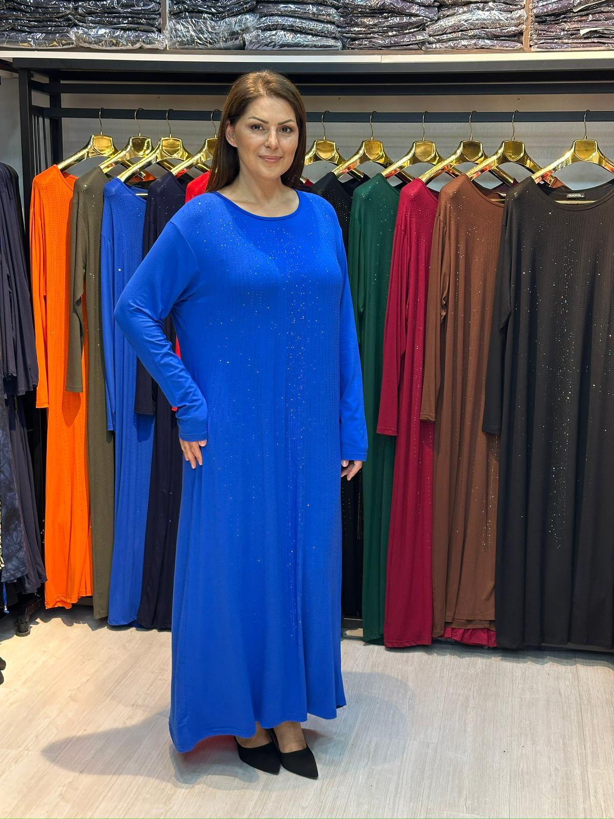 Büyük Beden Saks Mavisi Taş İşlemeli Elbise
