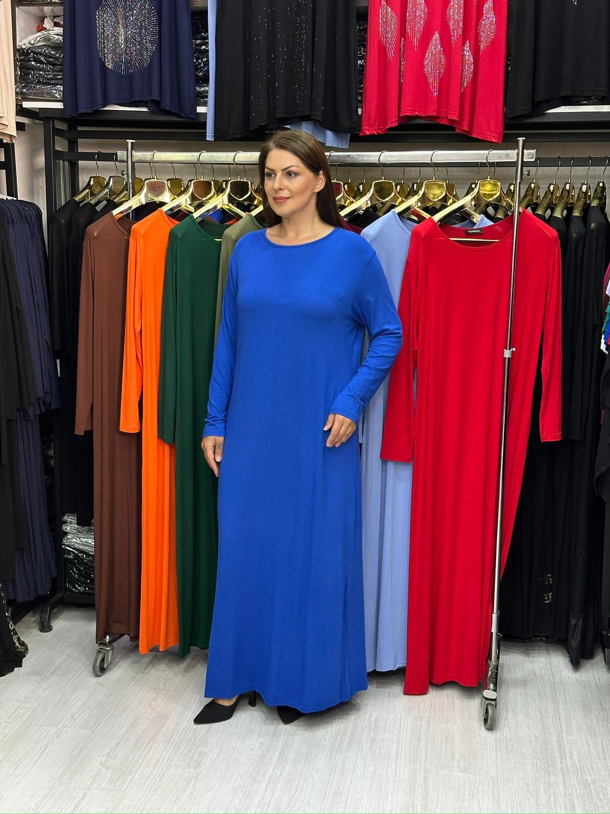 Büyük Beden Saks Mavisi Viskon Elbise