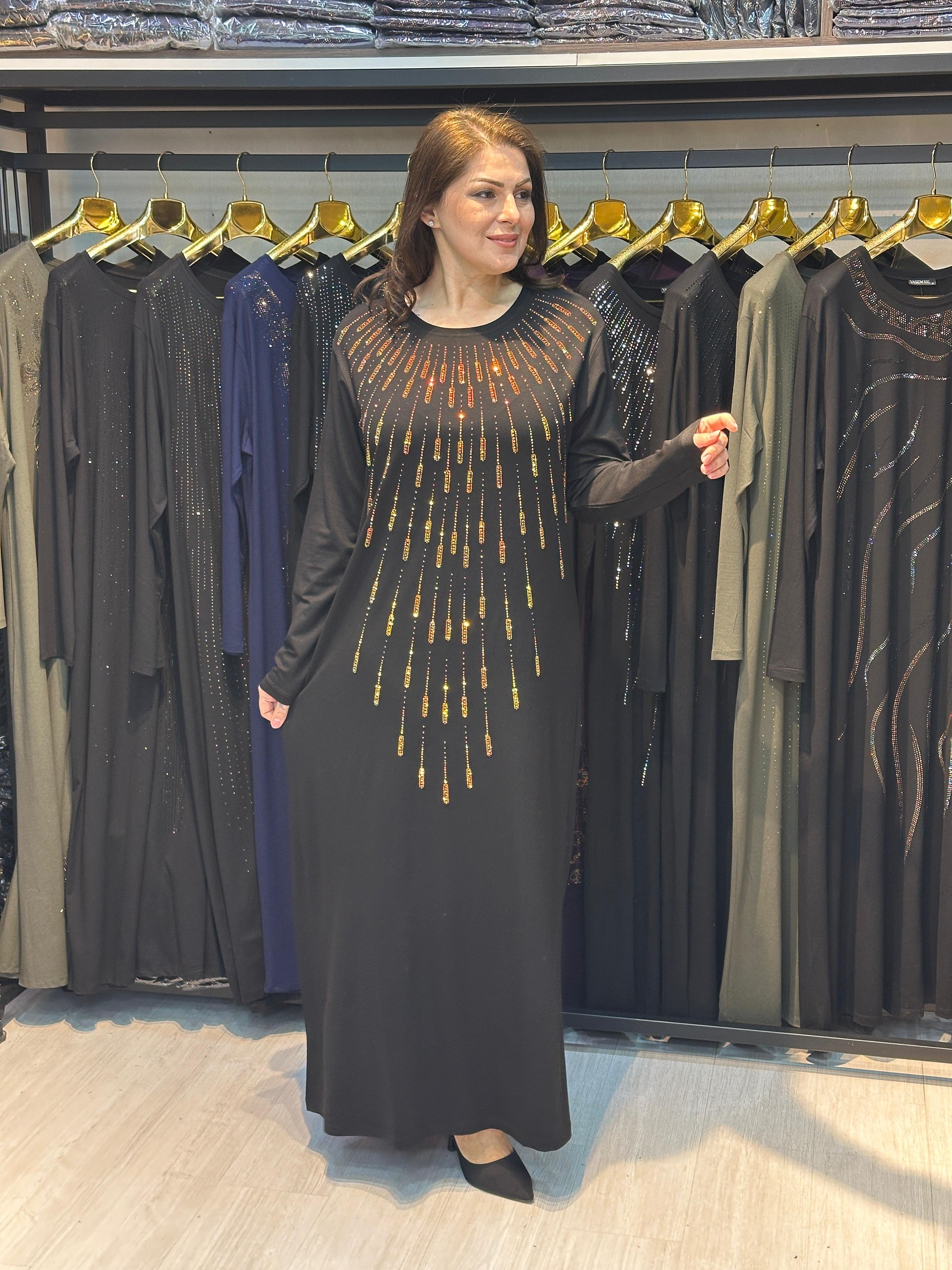 Büyük Beden Metalik Gold Taş İşlemeli Tam Boy Elbise