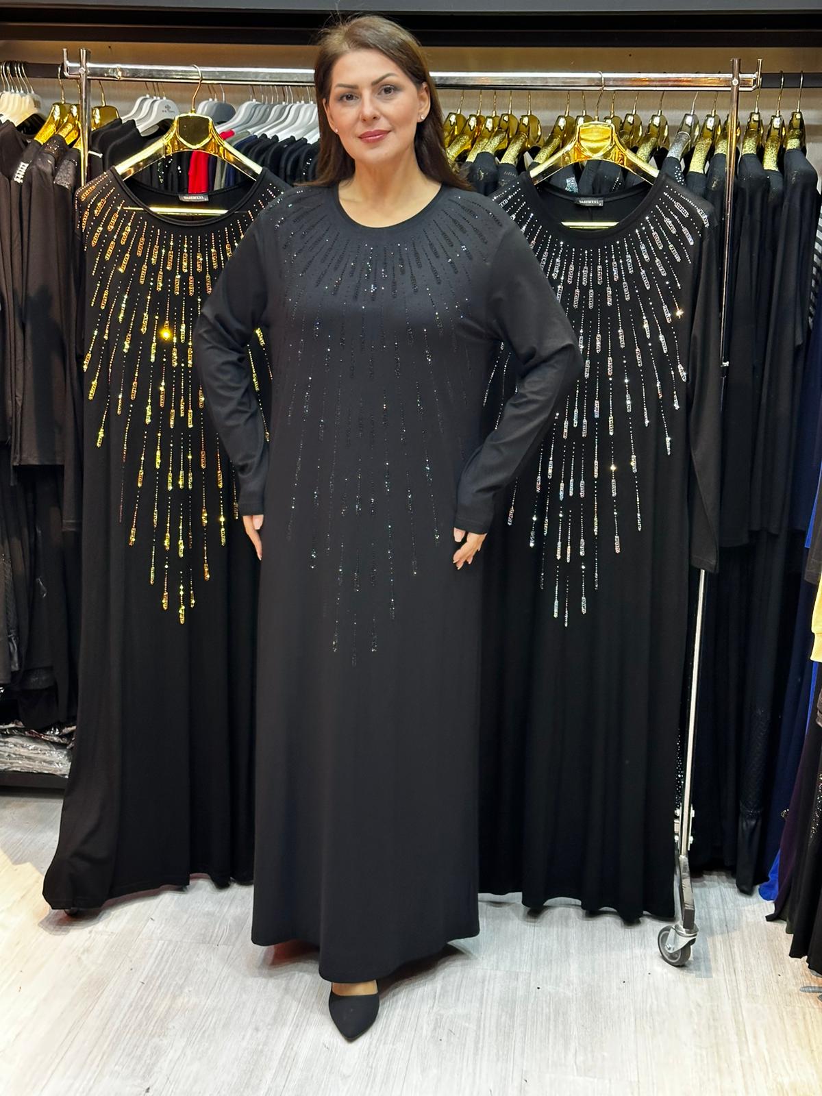 Büyük Beden Siyah Taş İşlemeli Abiye Elbise