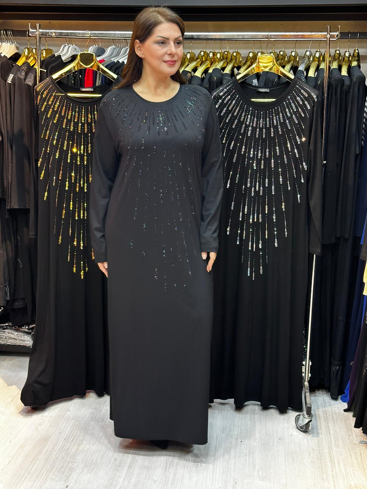 Büyük Beden Siyah Taş İşlemeli Abiye Elbise