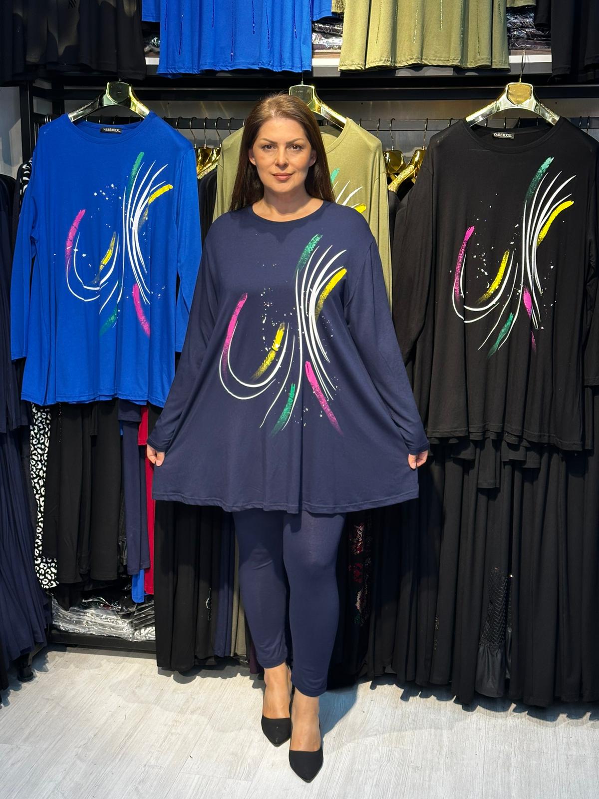 Kadın Büyük Beden Baskı Tasarım Tunik - Lacivert