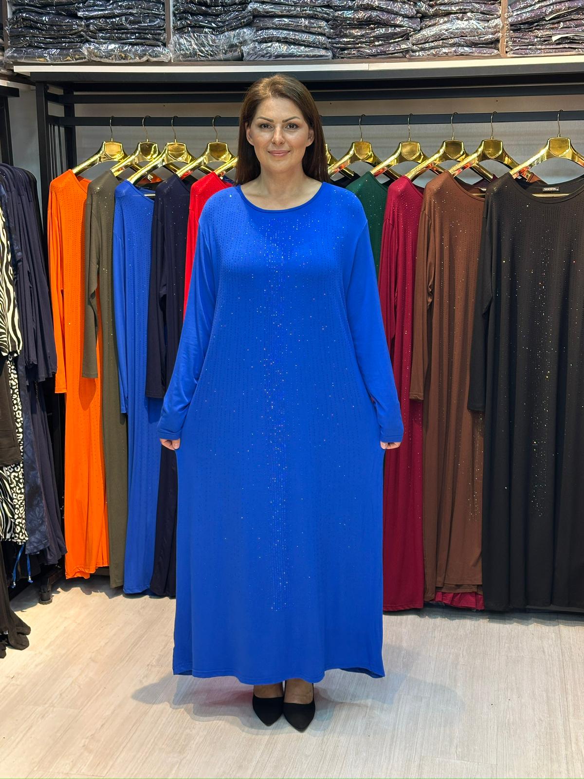 Büyük Beden Saks Mavisi Taş İşlemeli Elbise