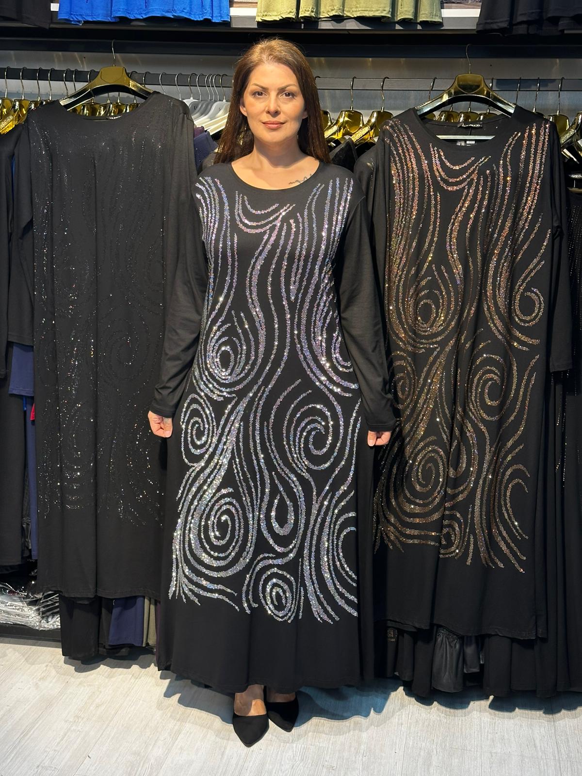 Büyük Beden Gümüş Taş İşlemeli Abiye Elbise