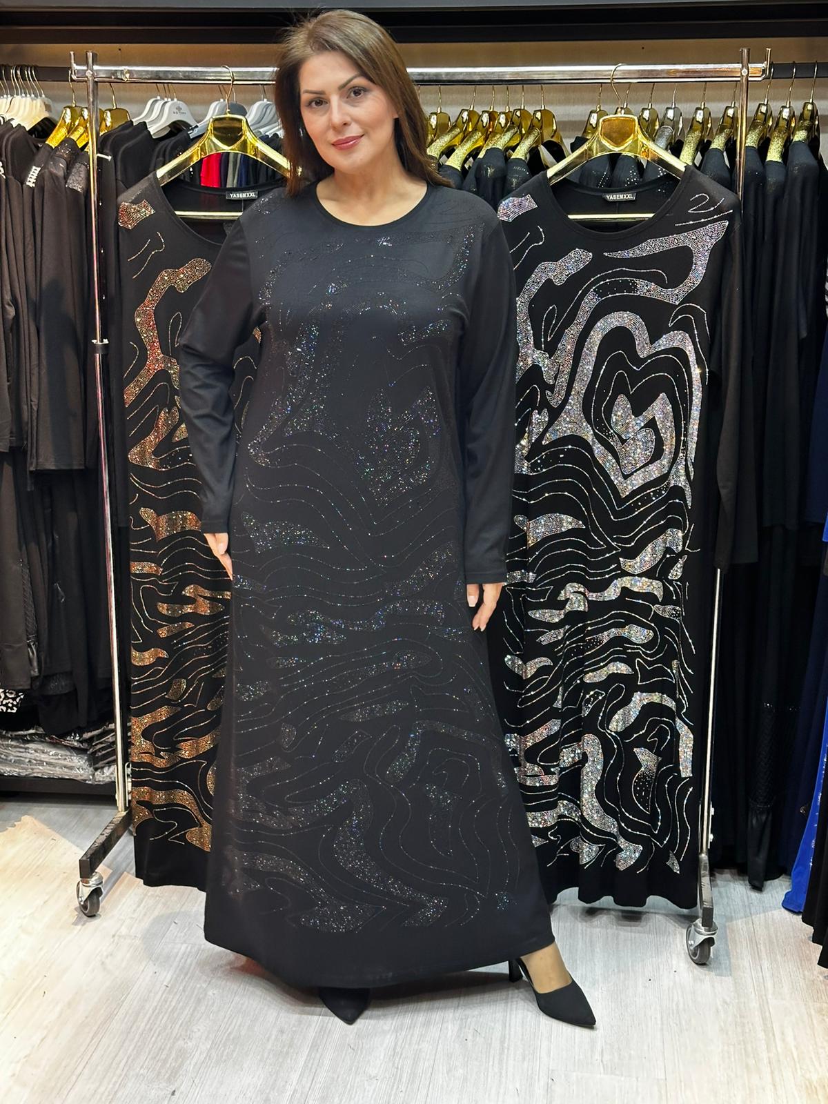 Büyük Beden Siyah Taş İşlemeli Abiye Elbise