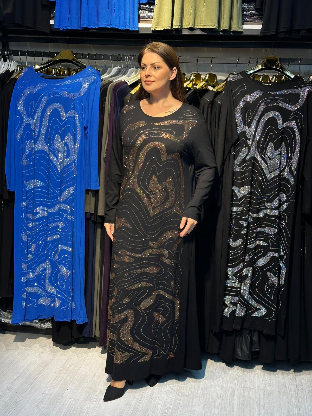 Büyük Beden Gold Taş İşlemeli Abiye Elbise