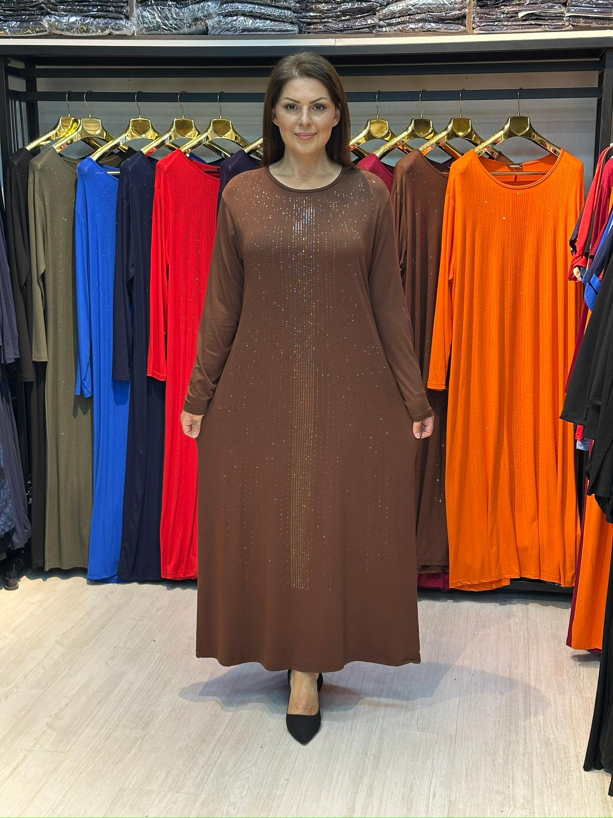 Büyük Beden Kahverengi Taş İşlemeli Elbise