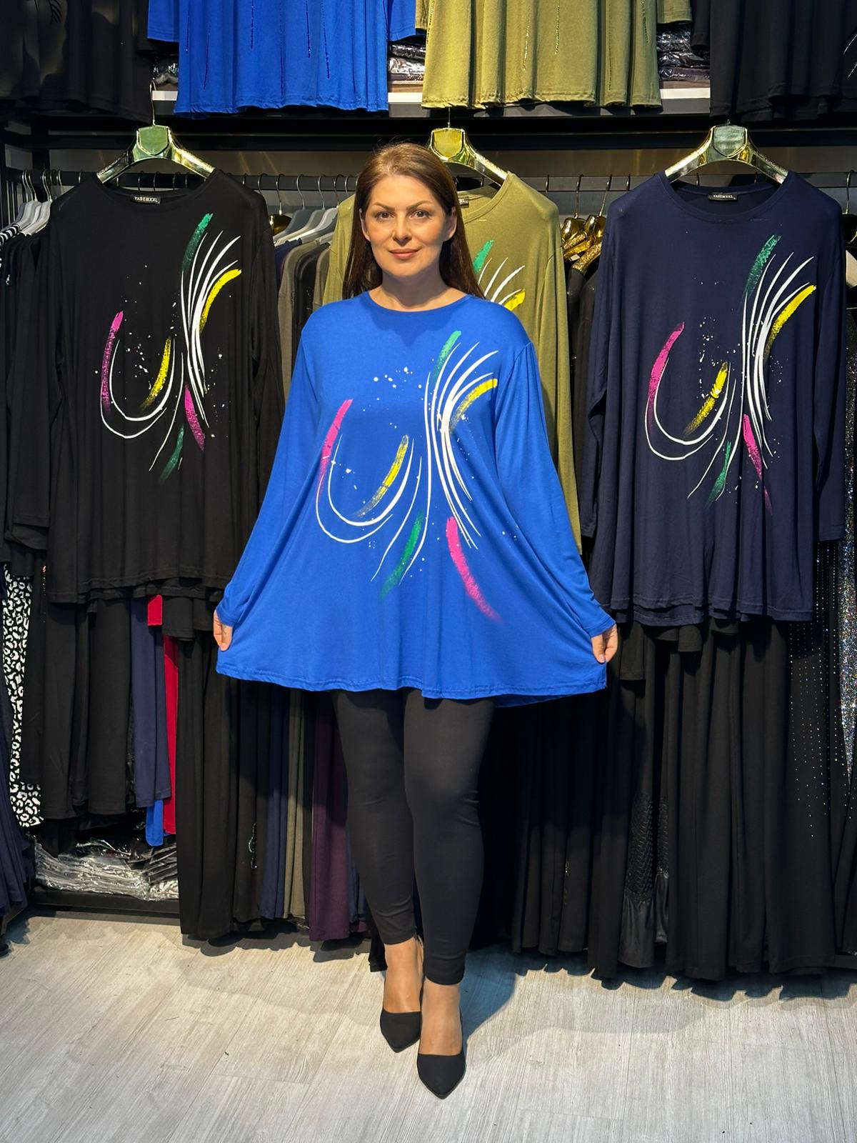 Kadın Büyük Beden Baskı Tasarım Tunik - Saks Mavisi