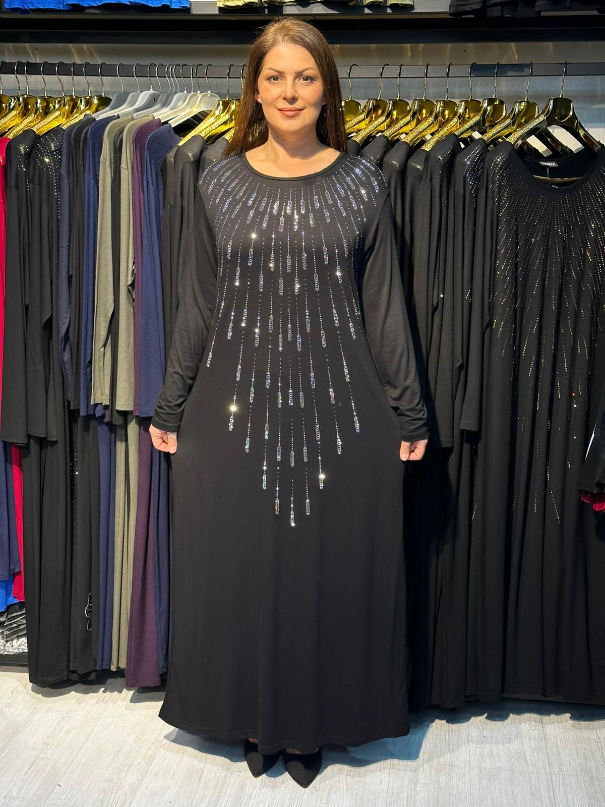 Büyük Beden Gümüş Taş İşlemeli Abiye Elbise