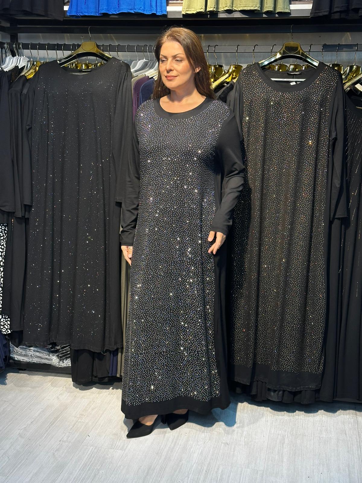 Büyük Beden Gümüş Taş İşlemeli Abiye Elbise