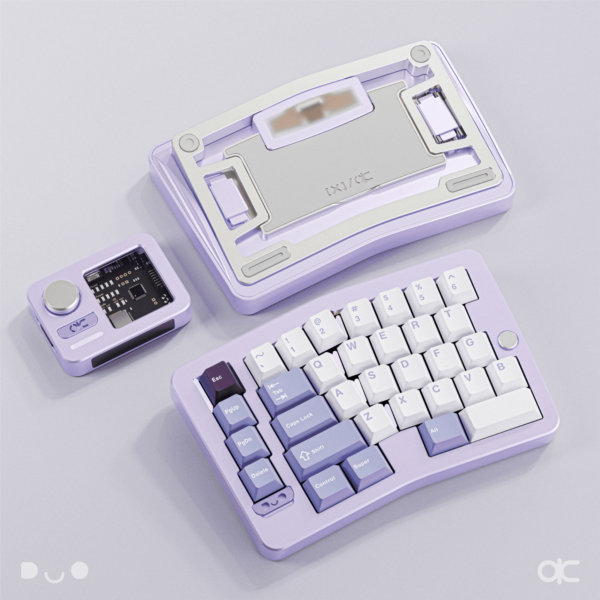 Alice Duo (Ekstralar - Ön sipariş) - Anodized Lilac, 1.6mm Dual-mode Non-flex cut Hotswap PCB, FR4 Plate, Color-Matched Wrist Rest