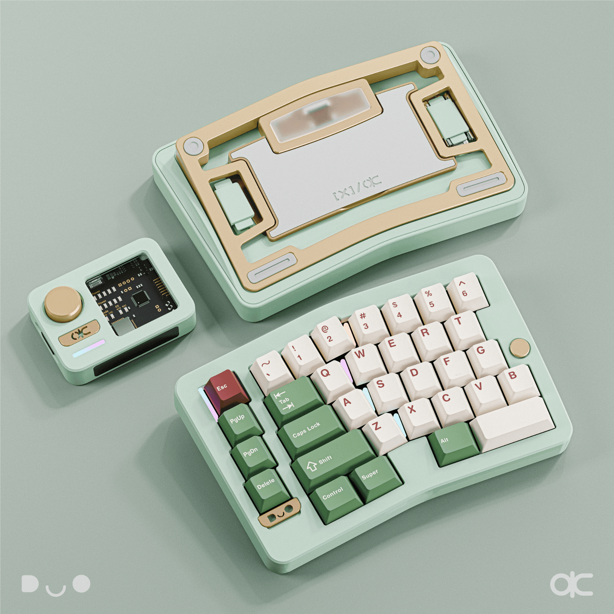Alice Duo (Ekstralar - Ön sipariş) - Spray-coated Mint, 1.6mm Dual-mode Non-flex cut Hotswap PCB, FR4 Plate, Color-Matched Wrist Rest