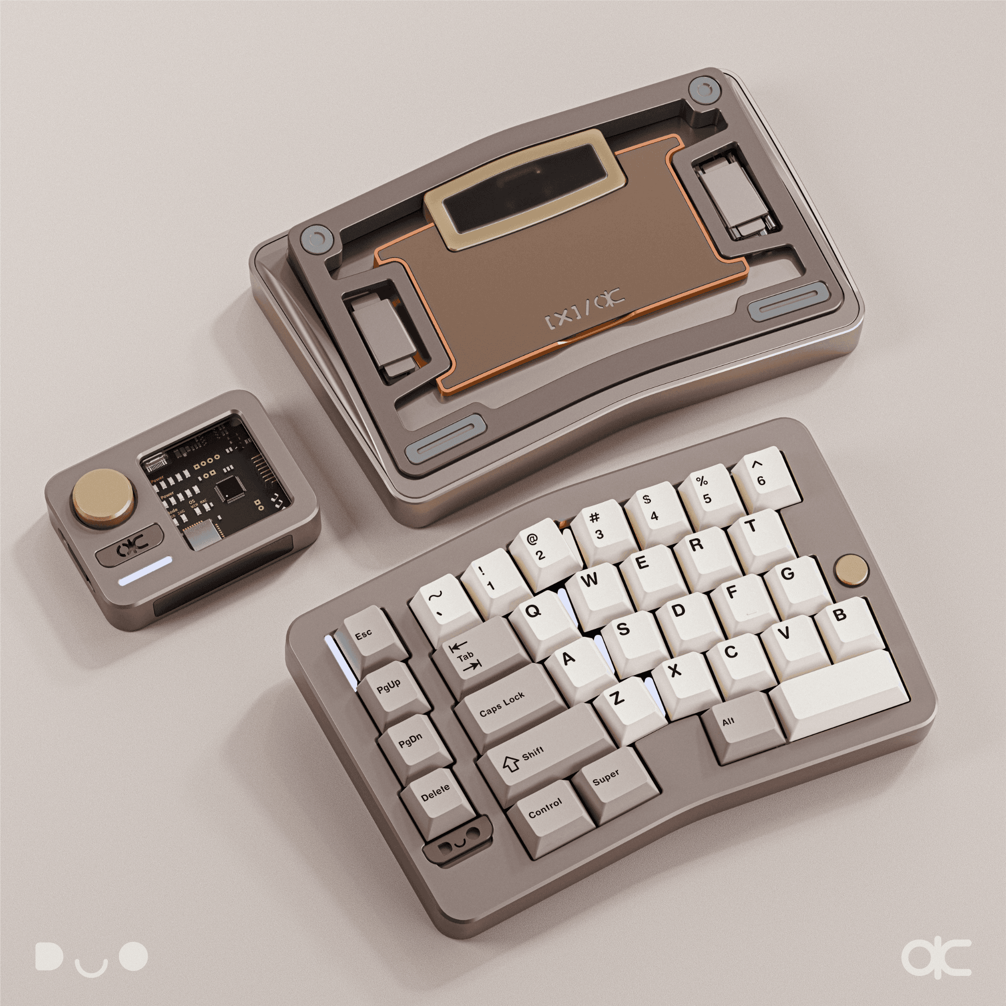 Alice Duo (Ekstralar - Ön sipariş) - Anodized Sandgold, 1.6mm Dual-mode Non-flex cut Hotswap PCB, FR4 Plate, Color-Matched Wrist Rest