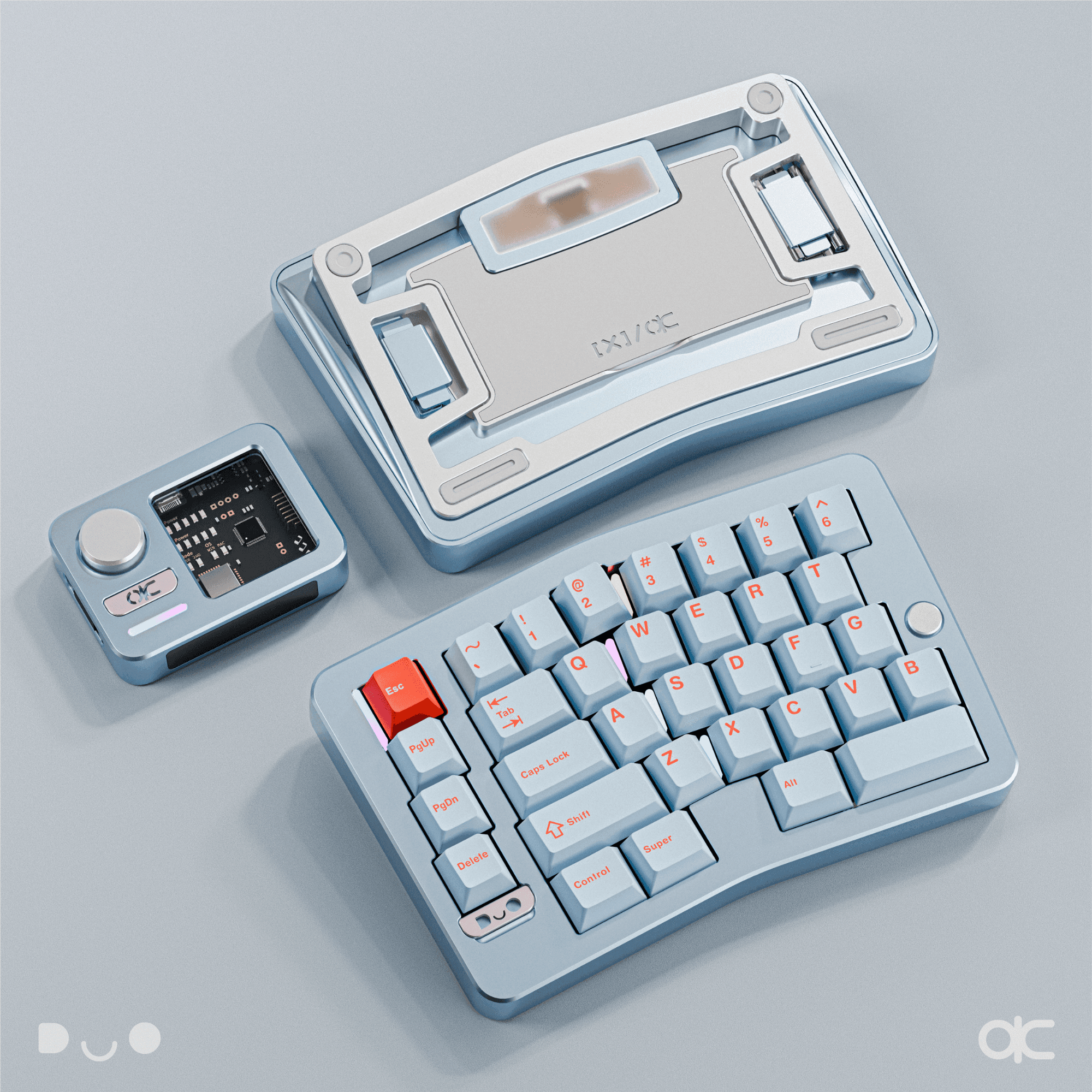Alice Duo (Ekstralar - Ön sipariş) - Anodized Ice Blue, 1.6mm Dual-mode Non-flex cut Hotswap PCB, FR4 Plate, Without Wrist Rest