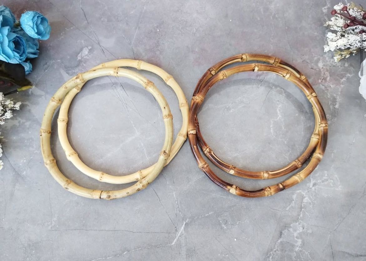 Bambu çanta sapı ve makrome halkası - 14,5 cm Hasır renk