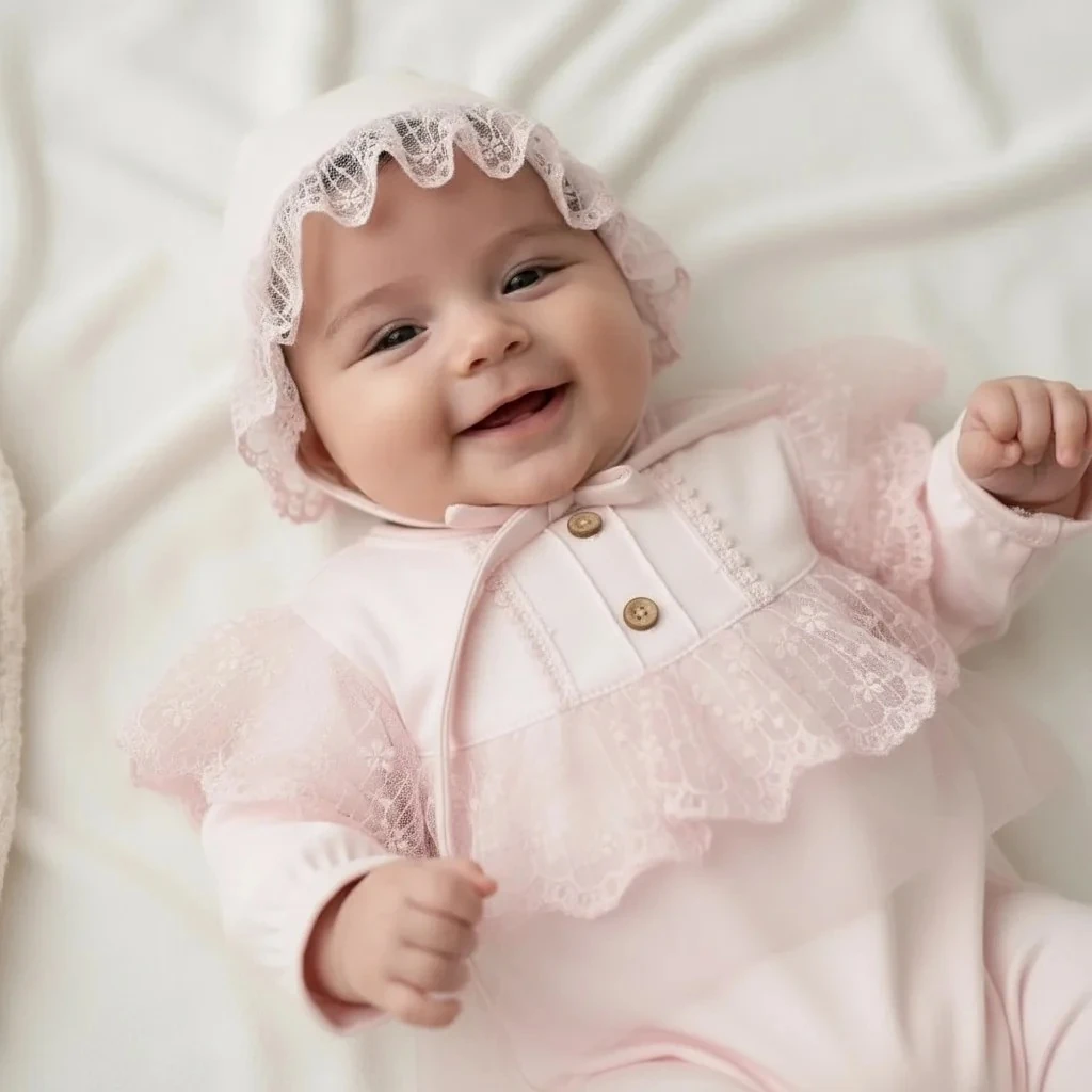 Kız Bebek Şapkalı Dantelli Tulum