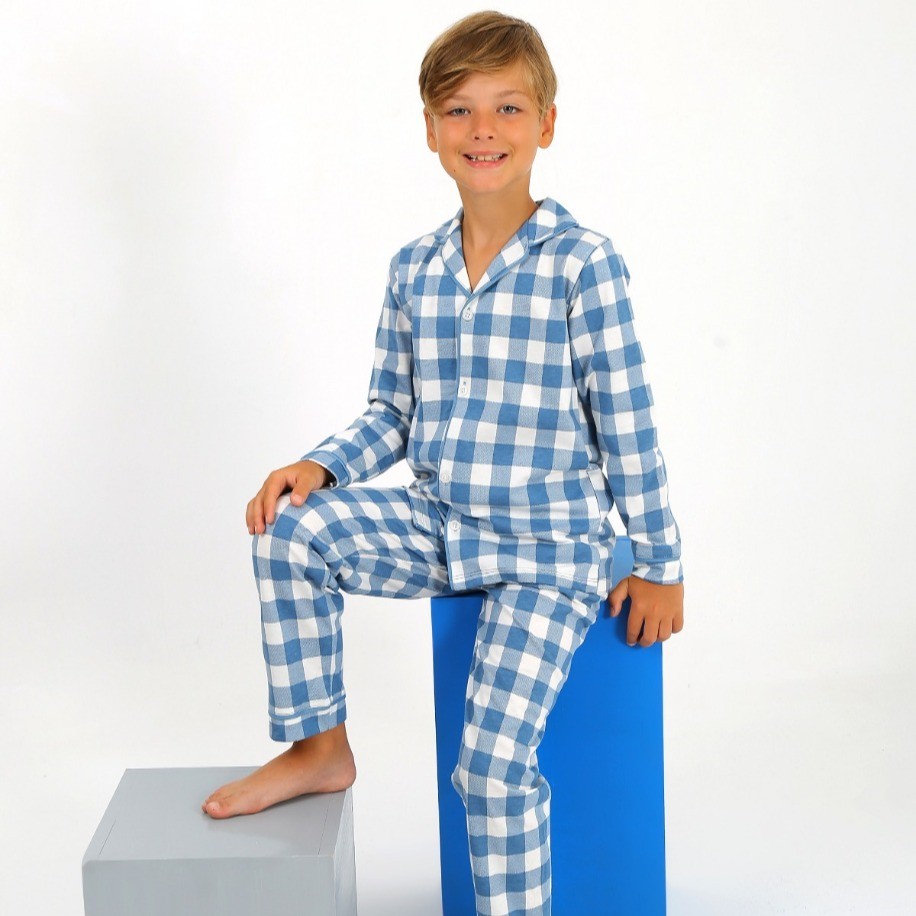 Mavi Beyaz Kareli Erkek Pijama Takımı