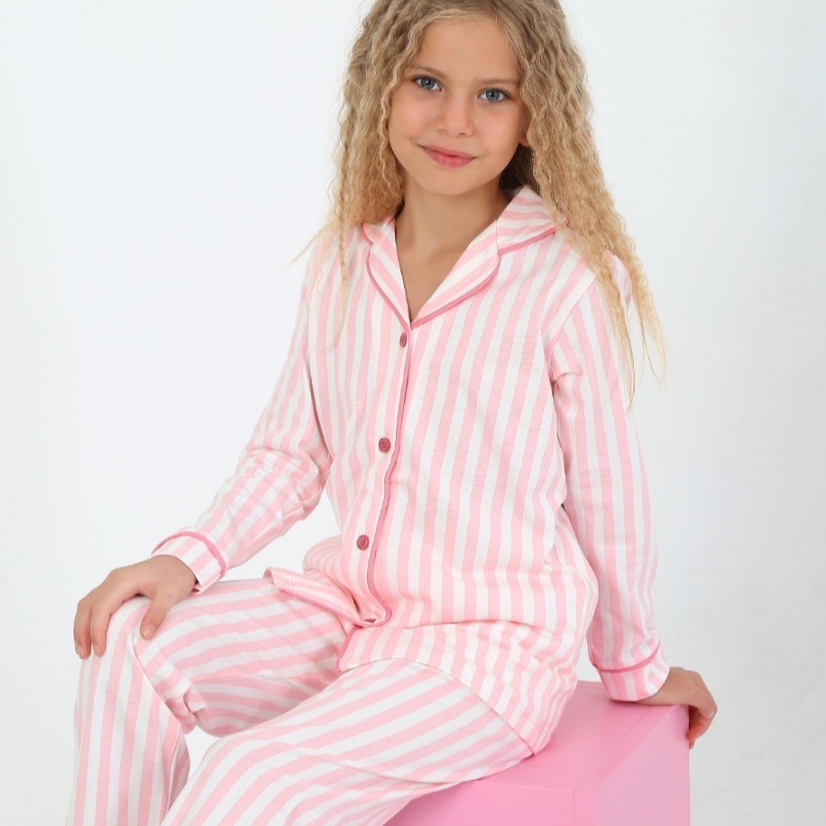 Pembe Beyaz Çizgili Kız Pijama Takımı