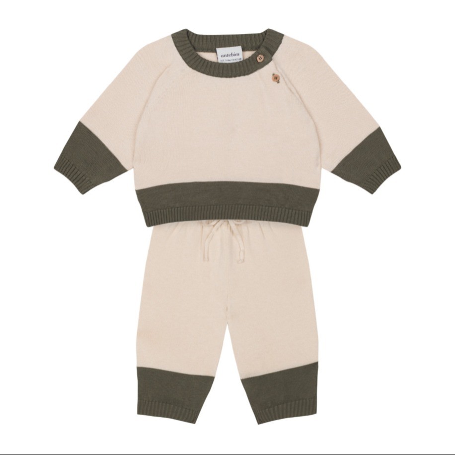Yeşil Kontrastlı Krem Triko Set