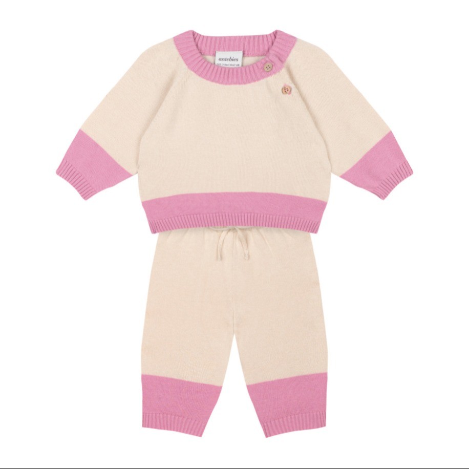 Pembe Kontrastlı Krem Triko Set
