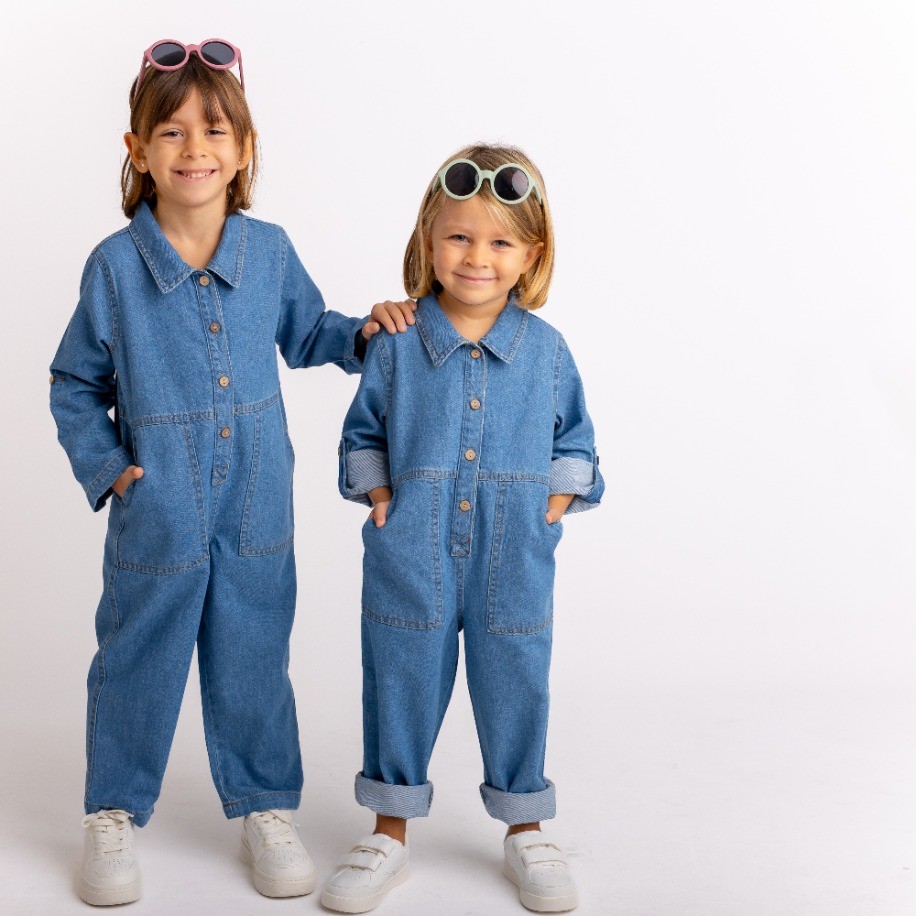 Unisex Uzun Kollu Çapraz Cepli Kot Tulum Mavi