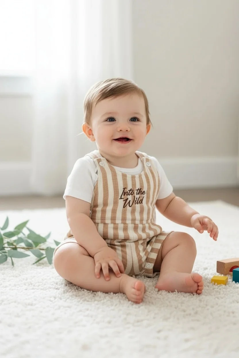 Erkek Bebek Çizgili Müslin Nakış Detaylı Salopet