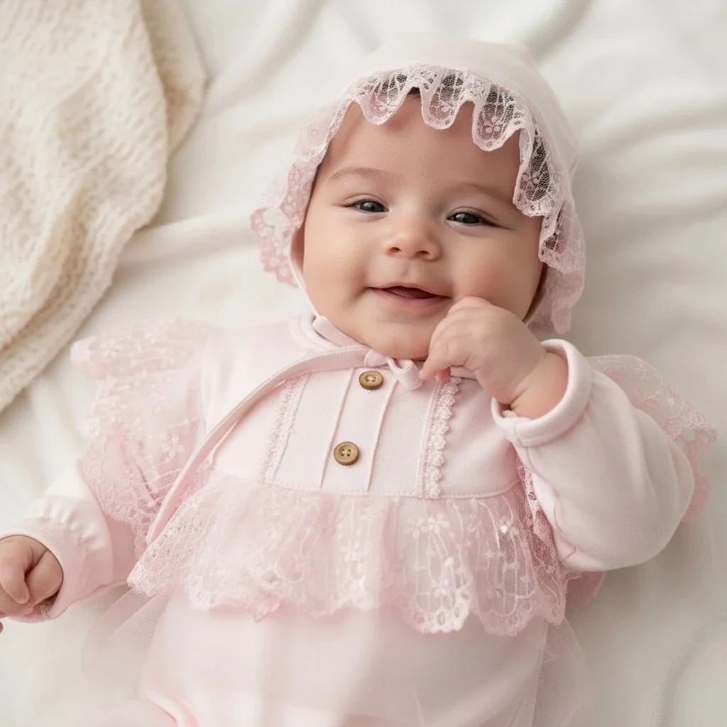 Kız Bebek Şapkalı Dantelli Tulum