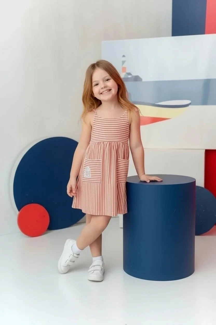 Kız Çocuk Askılı Çizgili Penye Elbise