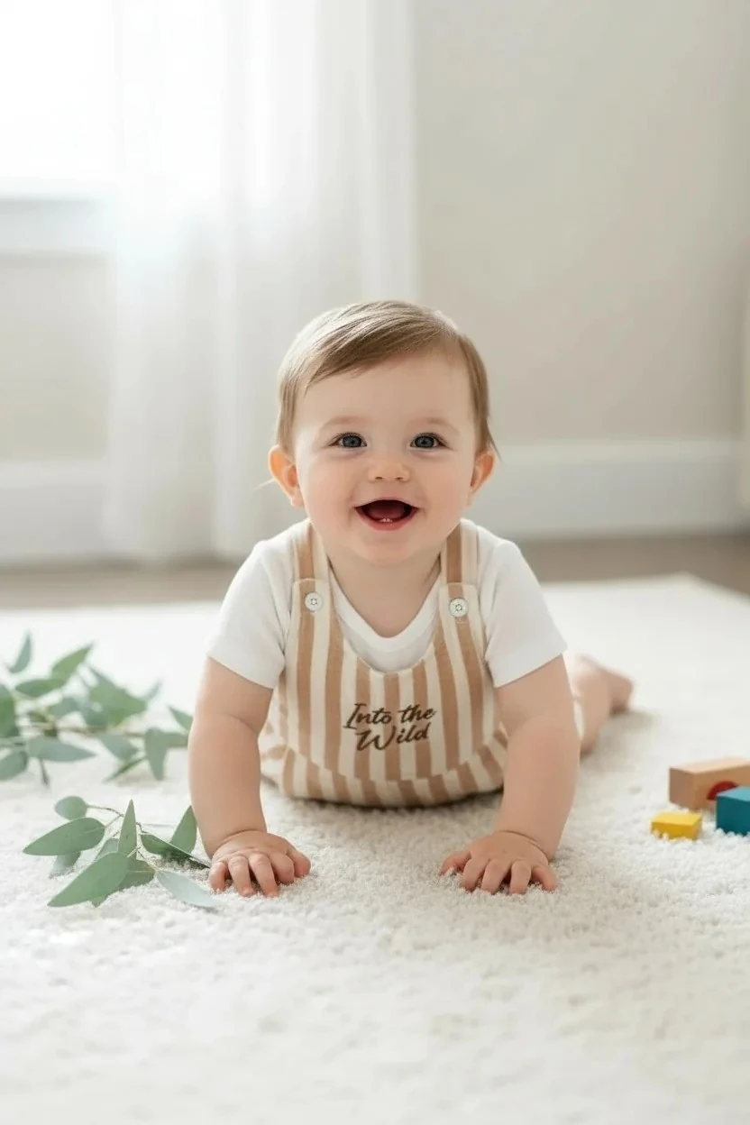 Erkek Bebek Çizgili Müslin Nakış Detaylı Salopet
