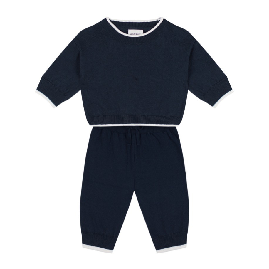 Beyaz Kontrast Detaylı Lacivert Triko Bebek Set